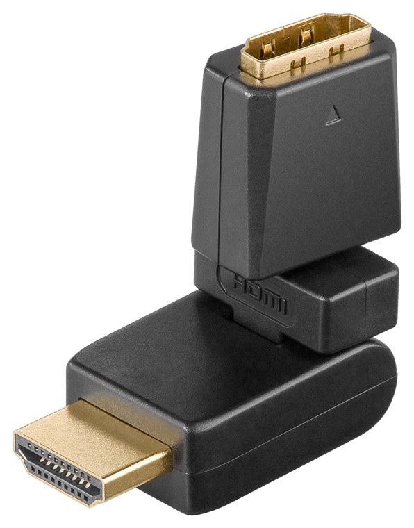 Goobay A 352 G (HDMI F/HDMI M) 360°. Aansluiting 1: HDMI, Aansluiting 2: HDMI, Contact geleider materiaal: Goud. Kleur van het product: Zwart