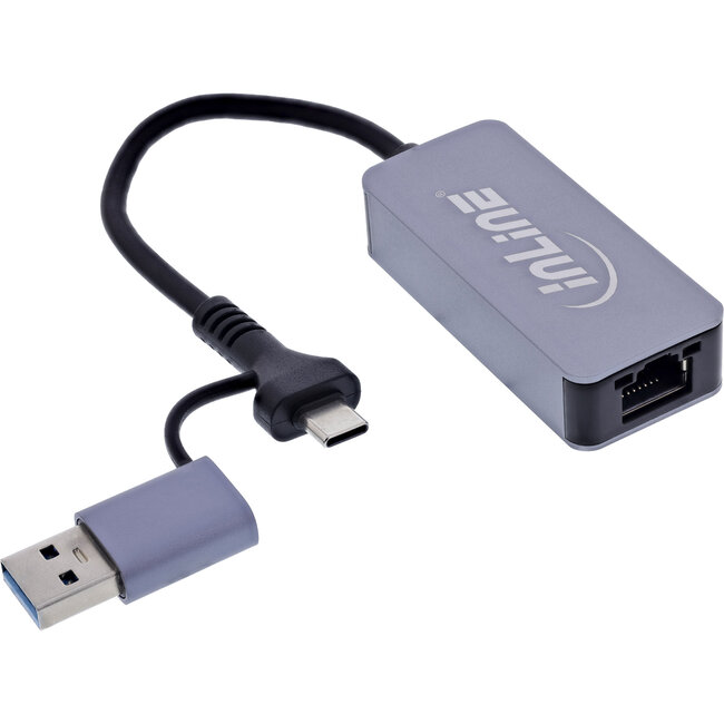 InLine® USB 3.2 naar 5 Gb/s netwerkadapter, USB-C+USB-A adapter naar RJ45