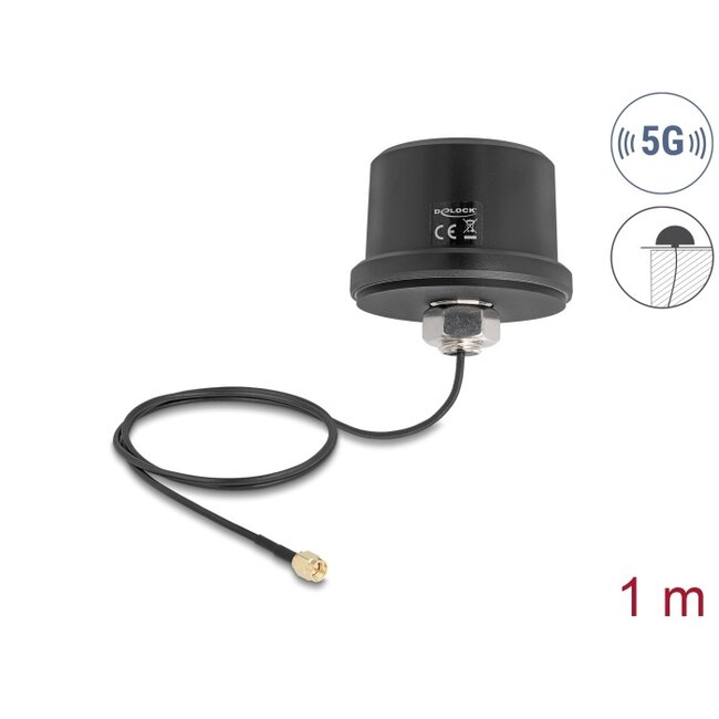Delock 5G LTE GNSS WiFi 6 Antenna SMA plug 1.9 - 3.3 dBi omnidirectional with connection cable ULA100 1 m roof mounting outdoor black