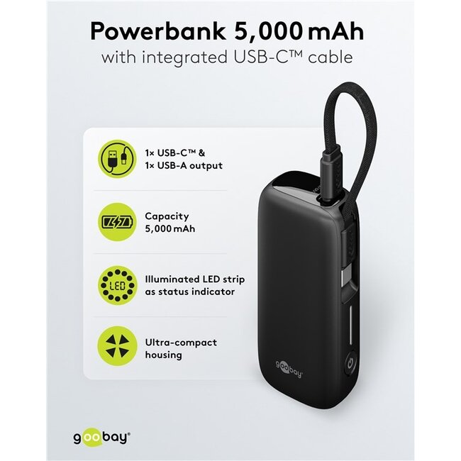 Goobay powerbank met kabel | USB-C PD 20W + USB-A QC | 5.000 mAh