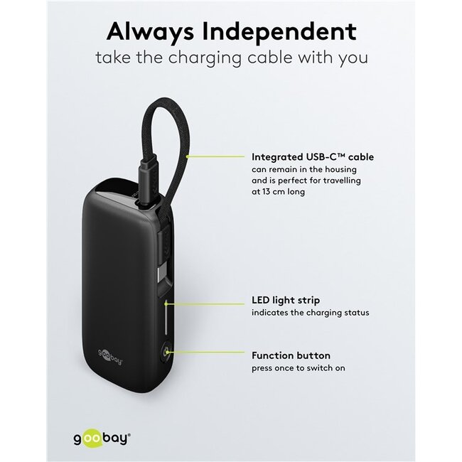 Goobay powerbank met kabel | USB-C PD 20W + USB-A QC | 5.000 mAh