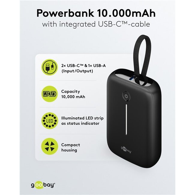 Goobay powerbank met kabel | 2x USB-C PD 20W + 1x USB-A QC | 10.000 mAh