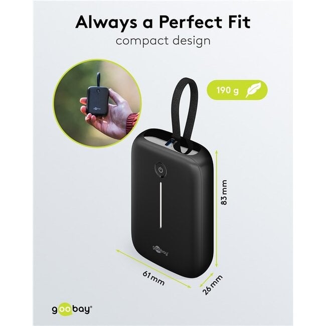 Goobay powerbank met kabel | 2x USB-C PD 20W + 1x USB-A QC | 10.000 mAh