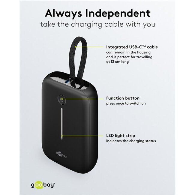 Goobay powerbank met kabel | 2x USB-C PD 20W + 1x USB-A QC | 10.000 mAh