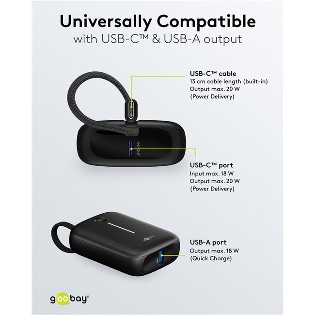 Goobay powerbank met kabel | 2x USB-C PD 20W + 1x USB-A QC | 10.000 mAh