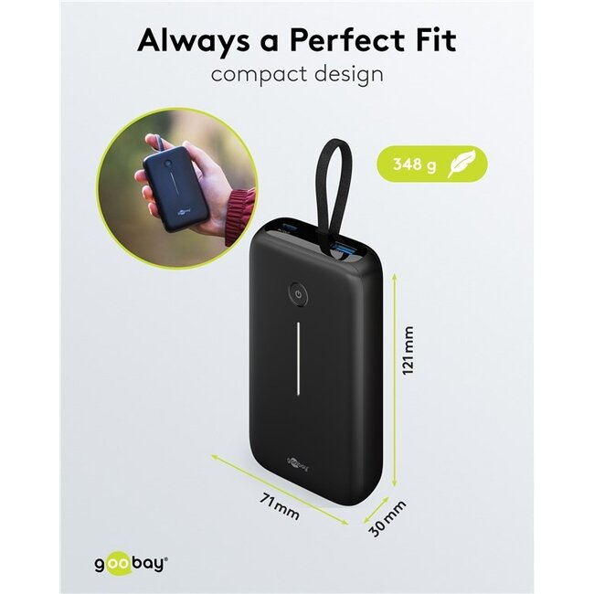 Goobay powerbank met kabel | 2x USB-C PD 20W + 1x USB-A QC | 20.000 mAh