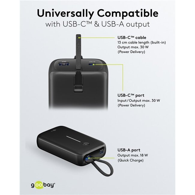 Goobay powerbank met kabel | 2x USB-C PD 20W + 1x USB-A QC | 20.000 mAh