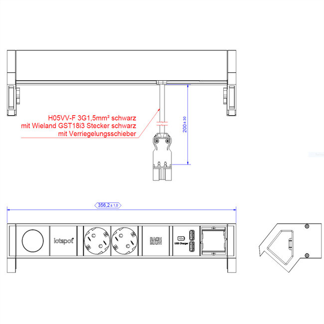 BACHMANN DESK2 1xIOTspot 2x geaard stopcontact, USB Oplader 1xABD 0,2m GST18, inox