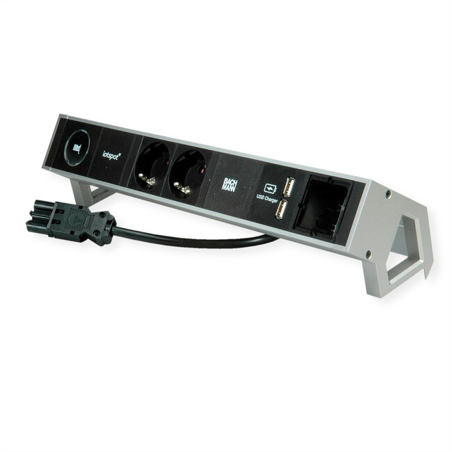 BACHMANN DESK2 1xIOTspot 2x geaard stopcontact, USB Oplader 1xABD 0,2m GST18, inox