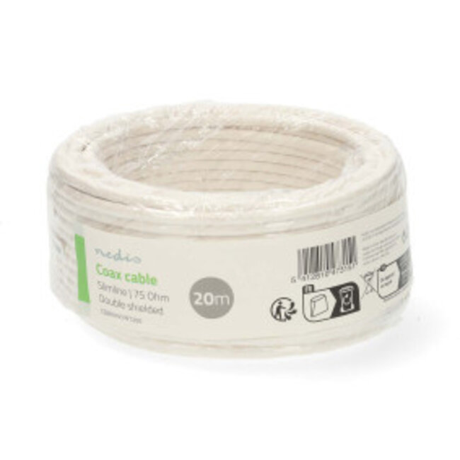 Coaxkabel op Haspel | Mini Coax | Dubbel Afgeschermd | ECA | 20.0 m | Coax | PVC | Wit | Folieverpakking