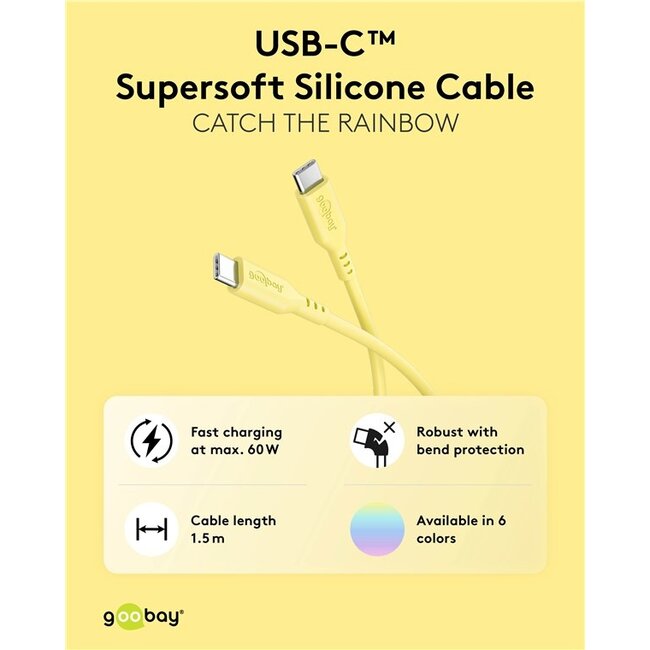 Goobay USB-C siliconen kabel | USB2.0 | PD 60W | geel | 1,5 meter