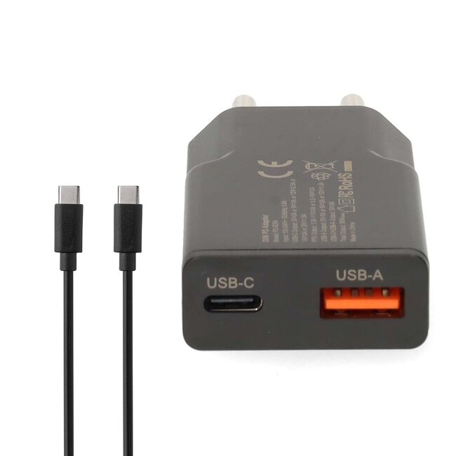 Nedis USB lader | USB-C PD en USB-A QC | incl. USB-C kabel | GaN | 30W | zwart
