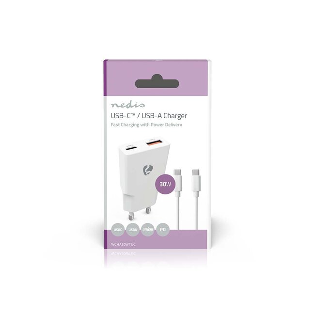 Nedis USB lader | USB-C PD en USB-A QC | incl. USB-C kabel | GaN | 30W | wit