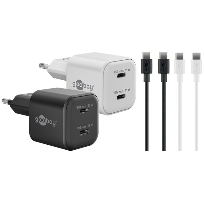 Goobay USB lader set | 2x lader met 2x USB-C PD | incl. 2x USB-C kabel | 35W | zwart + wit | 1 meter