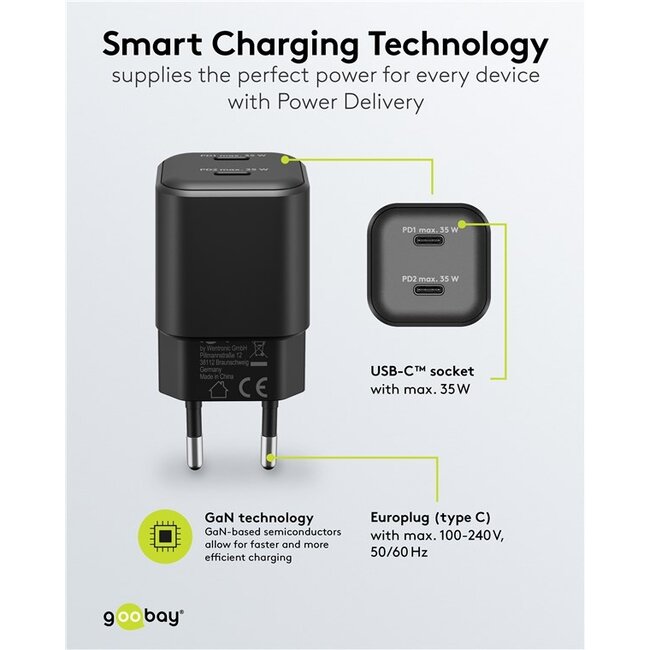 Goobay USB lader set | 2x lader met 2x USB-C PD | incl. 2x USB-C kabel | 35W | zwart + wit | 1 meter