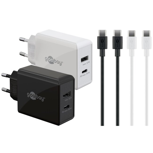 Goobay USB lader set | 2x lader met USB-C PD en USB-A | incl. 2x USB-C kabel | 30W | zwart + wit | 1 meter