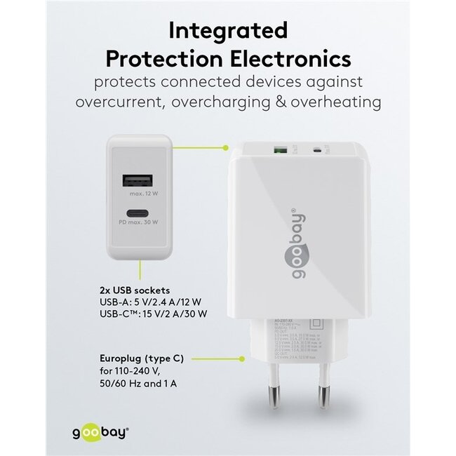 Goobay USB lader set | 2x lader met USB-C PD en USB-A | incl. 2x USB-C kabel | 30W | zwart + wit | 1 meter