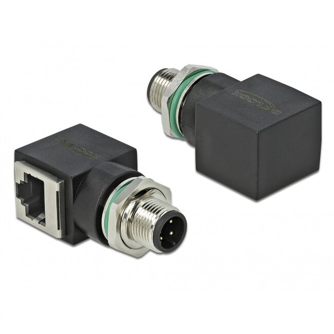 M12 4-pins D-gecodeerd (m) - RJ45 (v) industriële netwerkadapter | inbouw | haaks | CAT5e | PUR