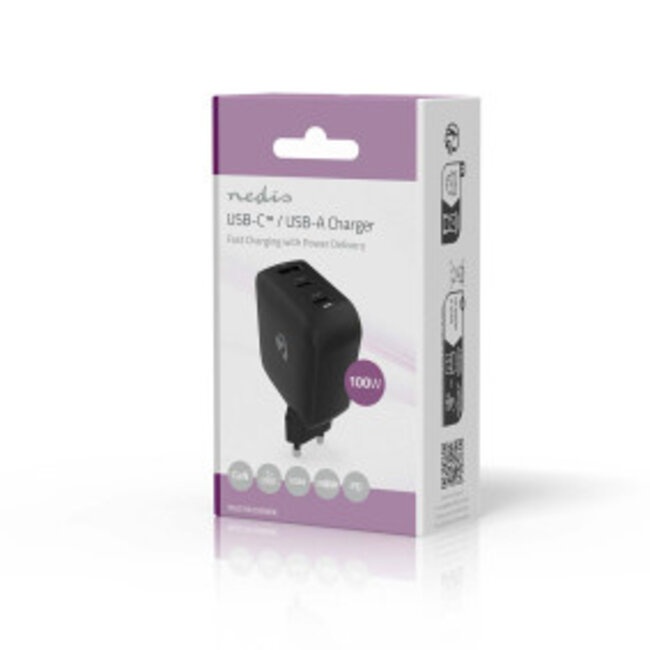 Oplader | 100 W | GaN | PD3.0 | Snellaad functie | 2.5 / 3.0 / 5.0 A | Outputs: 3 | USB-A / 2x USB-C™ | Automatische Voltage Selectie | Zwart