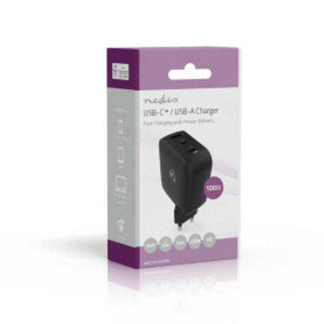 Oplader | 100 W | GaN | PD3.0 | Snellaad functie | 2.5 / 3.0 / 5.0 A | Outputs: 3 | USB-A / 2x USB-C™ | Automatische Voltage Selectie | Zwart