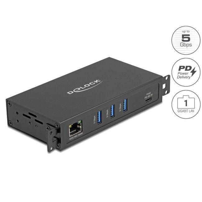 Delock 3 Port USB 5 Gbps Hub + RJ45 Gigabit LAN PoE++ Port with USB Type-C™ host-connector in metal case and 1.5 kV Isolation