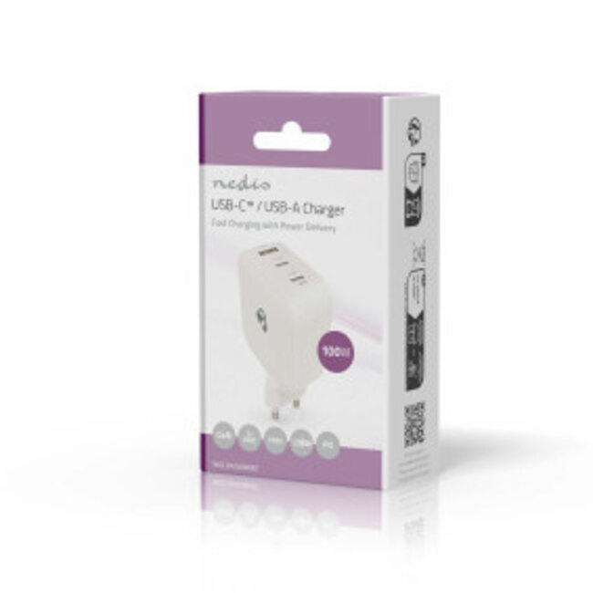 Oplader | 100 W | GaN | PD3.0 | Snellaad functie | 2.5 / 3.0 / 5.0 A | Outputs: 3 | USB-A / 2x USB-C™ | Automatische Voltage Selectie | Wit