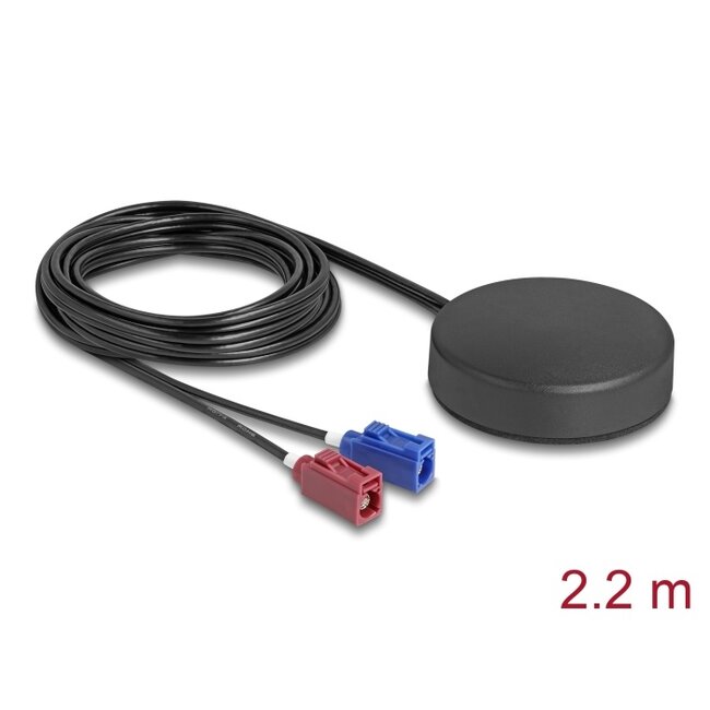 Delock 4G GNSS Antenna 1 x FAKRA C + 1 x FAKRA D jack 2 dBi / 28 dB 2.2 m RG-174 omnidirectional roof mount black outdoor