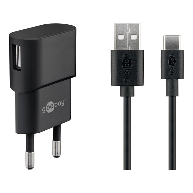 Goobay USB lader | haaks | 1x USB-A | incl. USB-C kabel | 5W | zwart | 1 meter