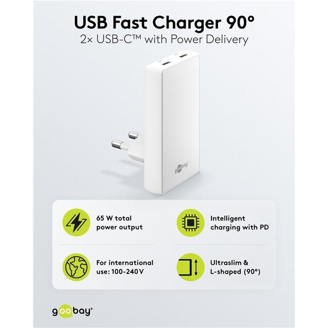 Goobay USB-C™ PD GaN Dual Fast Charger 90° Flat (65 W) white