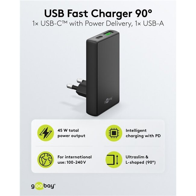 Goobay USB-C™ PD GaN Dual Fast Charger 90° Flat (45 W) black