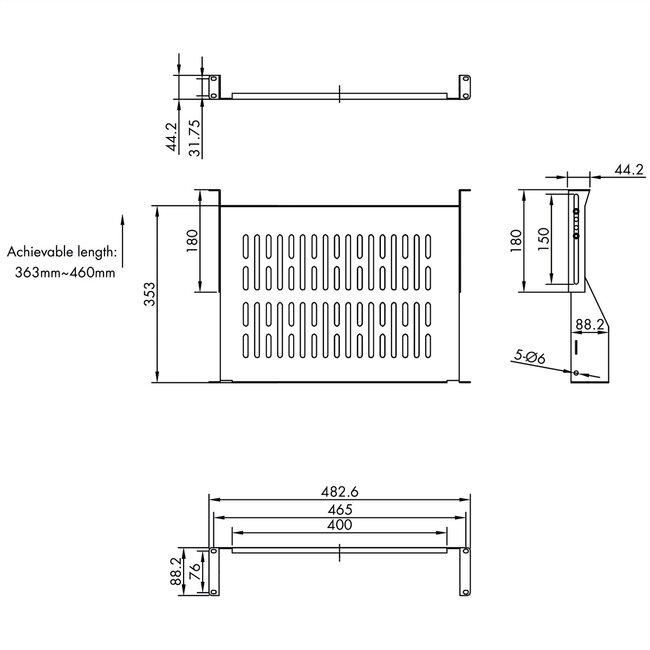 VALUE 19"-Legplank 2 HE, D: 350mm, max. 25 kg, U-Vorm, zwart