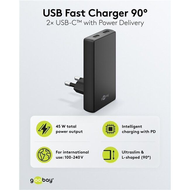Goobay USB-C™ PD GaN Dual Fast Charger 90° Flat (45 W) black