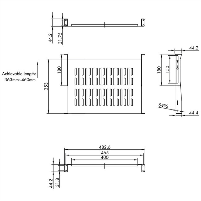 VALUE 19"-legplank 1 HE, D: 350 mm, max. 25 kg, U-vorm, zwart