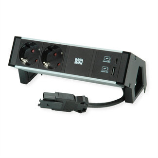 Bachmann BACHMANN DESK2 ALU ZWART 2x Geaard stopcontact, USB, USB oplader 22W A&C 0,2m GST18