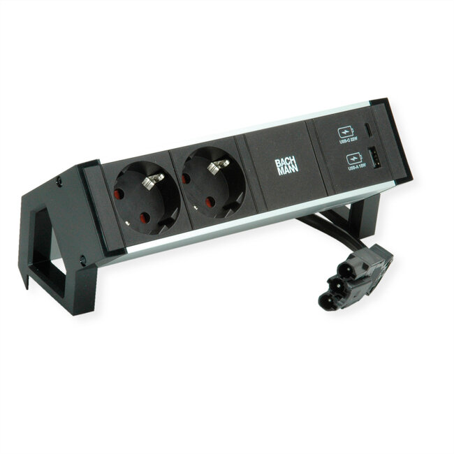 BACHMANN DESK2 ALU ZWART 2x Geaard stopcontact, USB, USB oplader 22W A&C 0,2m GST18