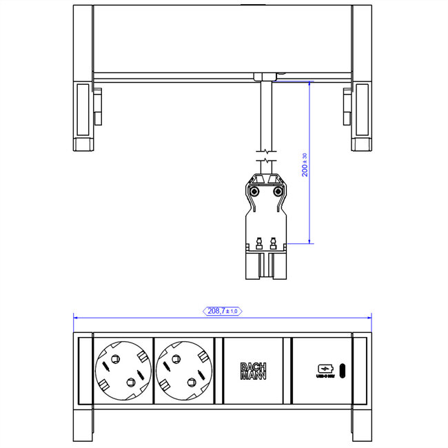 BACHMANN DESK 2 ALU ZWART 2x geaard stopcontact, USB C, USB Oplader 30W 0,2m GST18