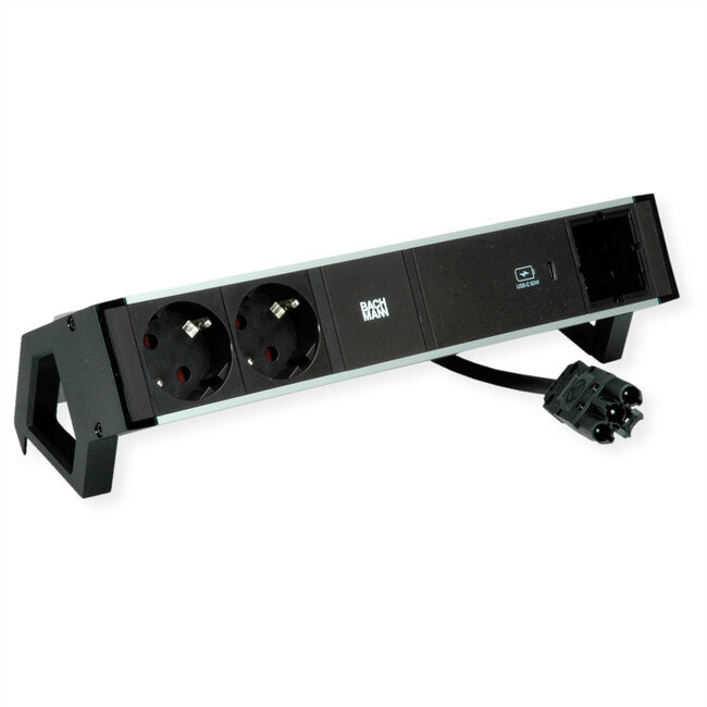 BACHMANN DESK2 ALU ZWART 2xbeschermend contact USB C, USB Lader 60W 1xABD 0,2m GST18