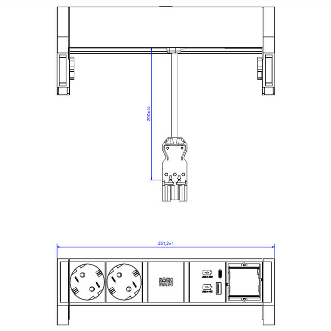 BACHMANN DESK2 ALU BLACK 2x geaard stopcontact, USB , USB Oplader 22W A&C 1xABD 0,2m GST18