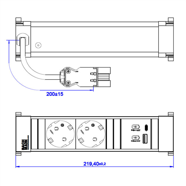 BACHMANN POWER FRAME 2x Geaard stopcontact USB A&C , USB Oplader 22W 0,2m GST18