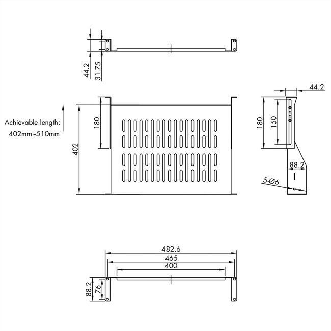 VALUE 19"-Legplank 2 HE, D: 400mm , max. 25 kg, U-Vorm, zwart