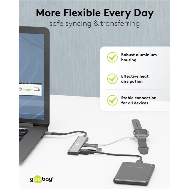 Goobay USB hub (USB-C) | 3x USB-A + 1x USB-C | USB3.0 5 Gbps | aluminium | 0,10 meter