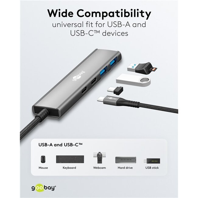 Goobay USB hub (USB-C) | 2x USB-A + 2x USB-C | USB3.0 5 Gbps | aluminium | 0,10 meter