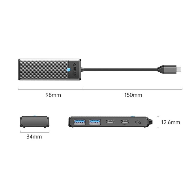 Orico USB-C hub | 2x USB-A, 1x USB-C en 1x USB-C PD 100W | USB3.0 5 Gbps | zwart | 0,15 meter