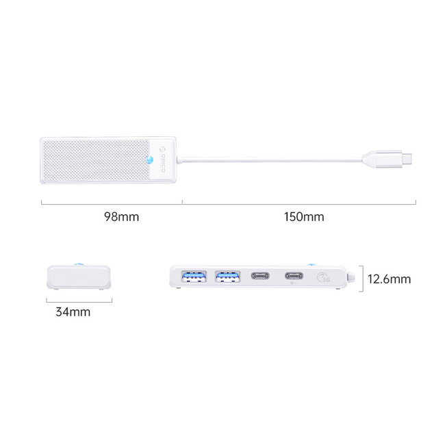 Orico USB-C hub | 2x USB-A, 1x USB-C en 1x USB-C PD 100W | USB3.0 5 Gbps | wit | 0,15 meter