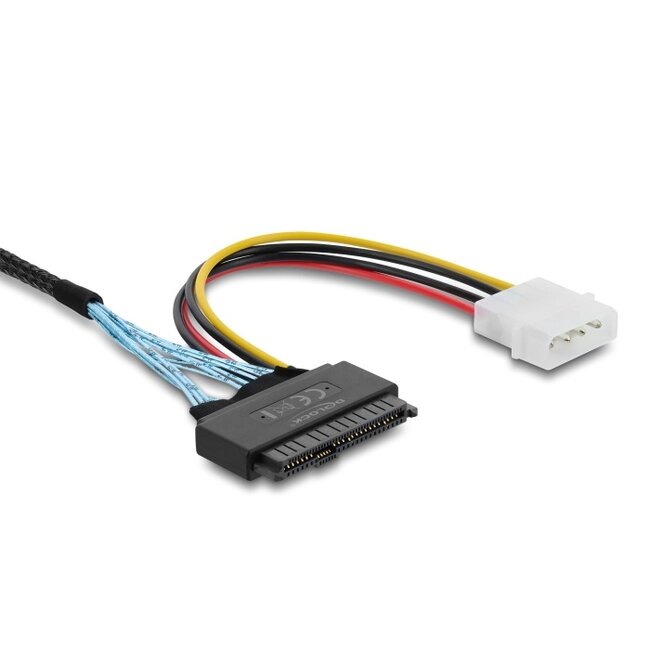 Delock PCIe 4.0 Cable Slim SAS SFF-8654 8i to 2 x U.2 SFF-8639 female + power connector 0.5 m