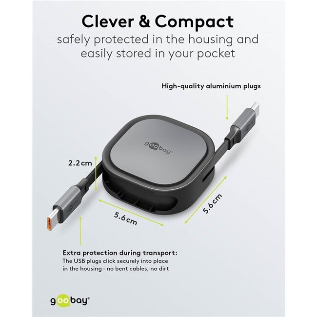 Goobay USB-C uittrekbare kabel | USB2.0 | 15W | zwart | 1 meter