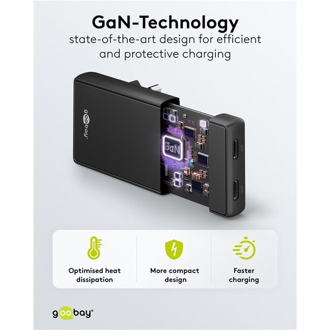 Goobay flat USB lader | 2x USB-C PD | GaN | 65W | zwart
