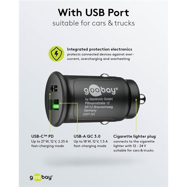 Goobay USB autolader | USB-C PD en USB-A QC | 27W