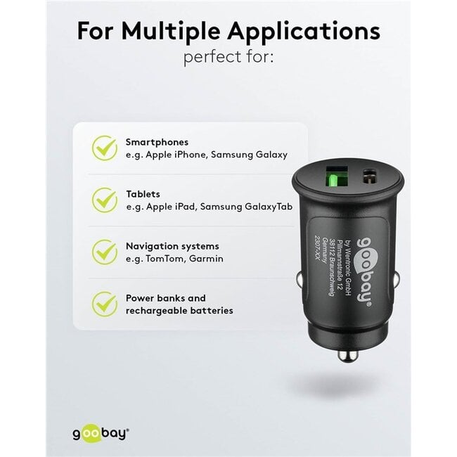 Goobay USB autolader | USB-C PD en USB-A QC | 27W