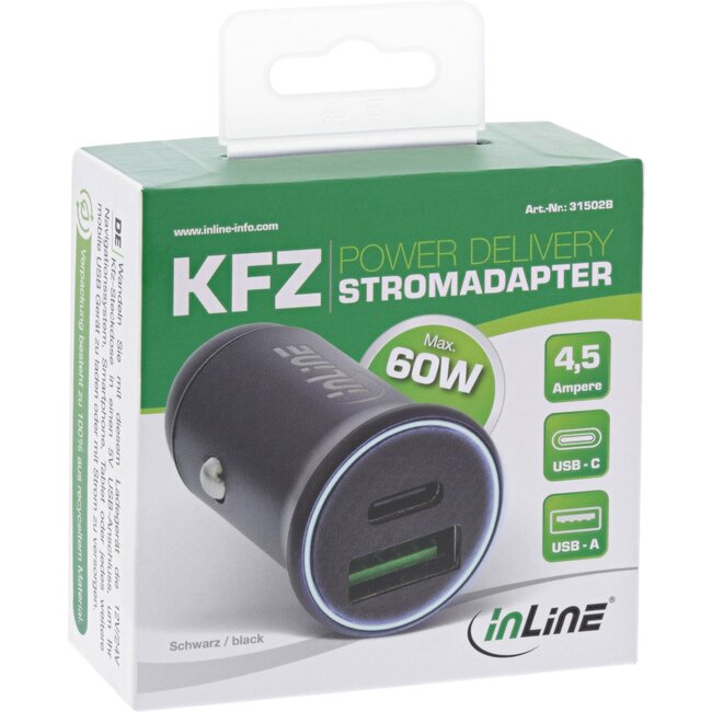 InLine USB autolader | USB-C PD + USB-A QC | 60W | zwart